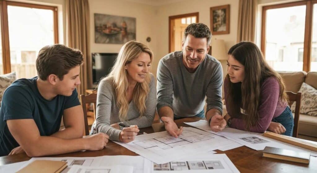 Family discussing home renovation plans with blueprints and materials in a cozy living room