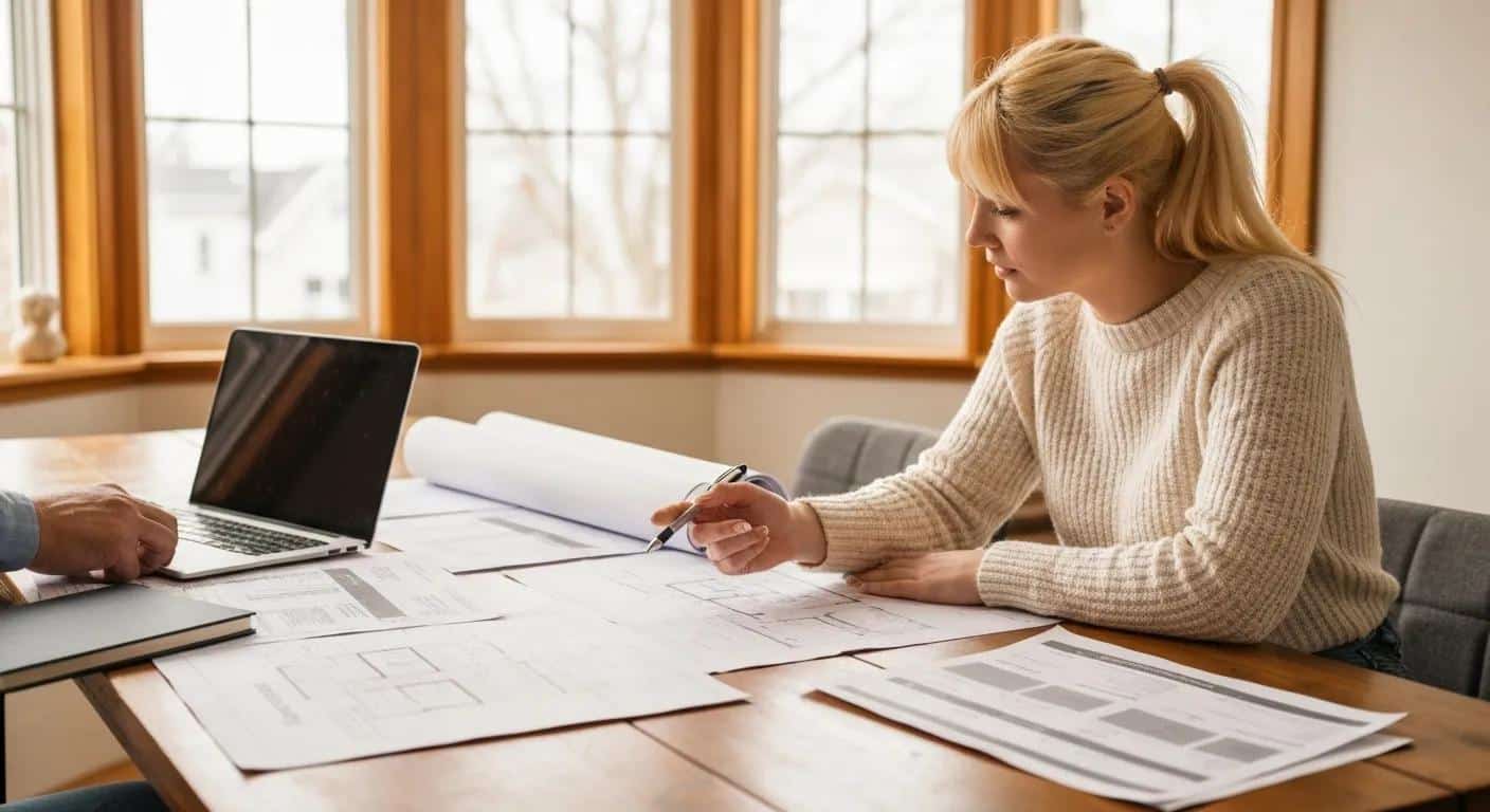 Homeowner reviewing renovation budget and plans with materials on the table