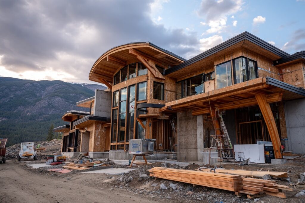 Shot of custom home framing in BC