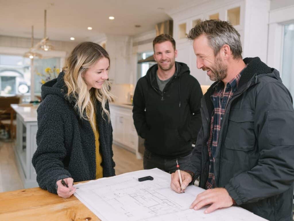 Custom home builder reviewing survey and drawings with homeowners in Greater Vancouve