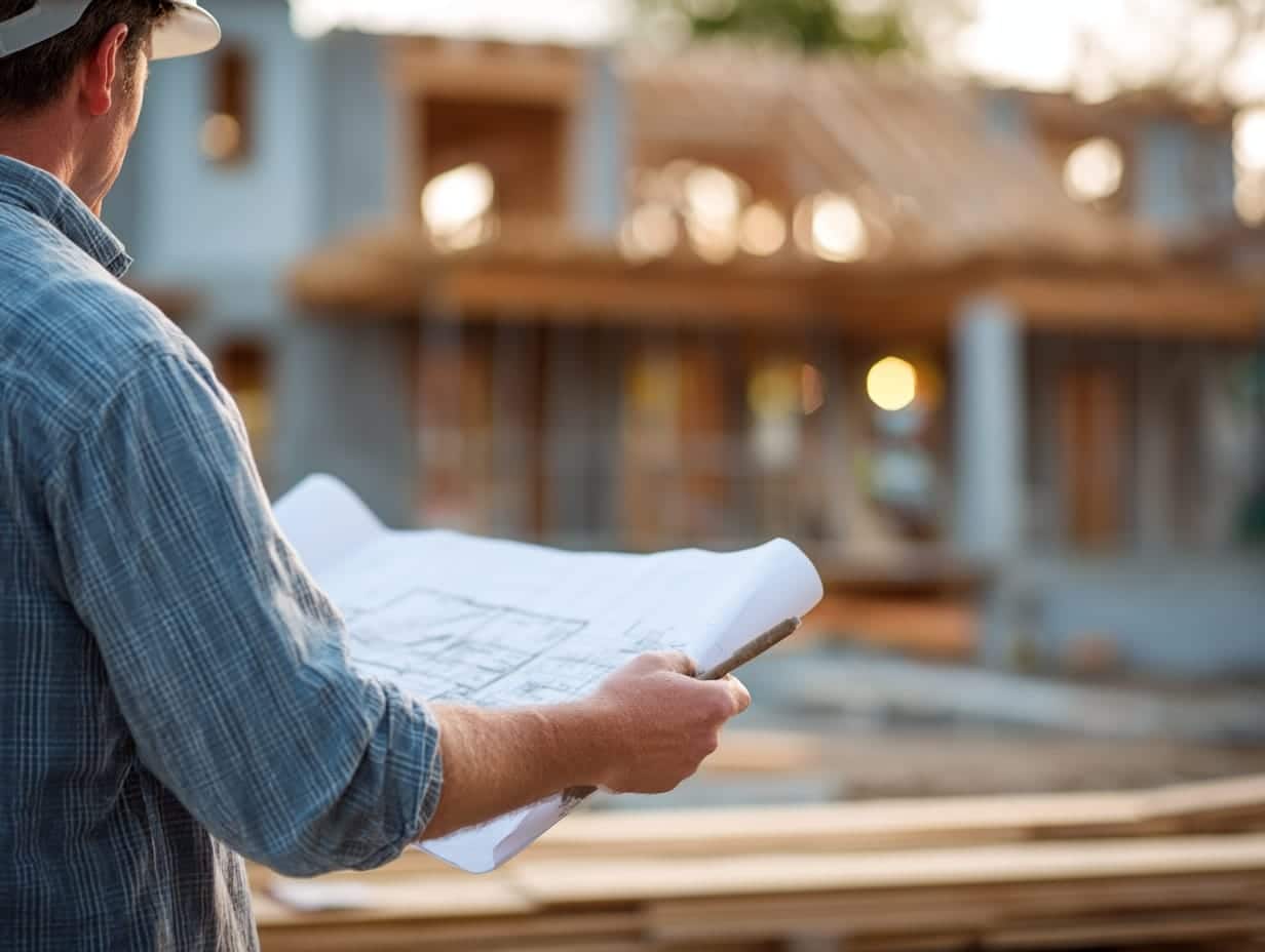 custom home builder looking at plans with a framed house in the background