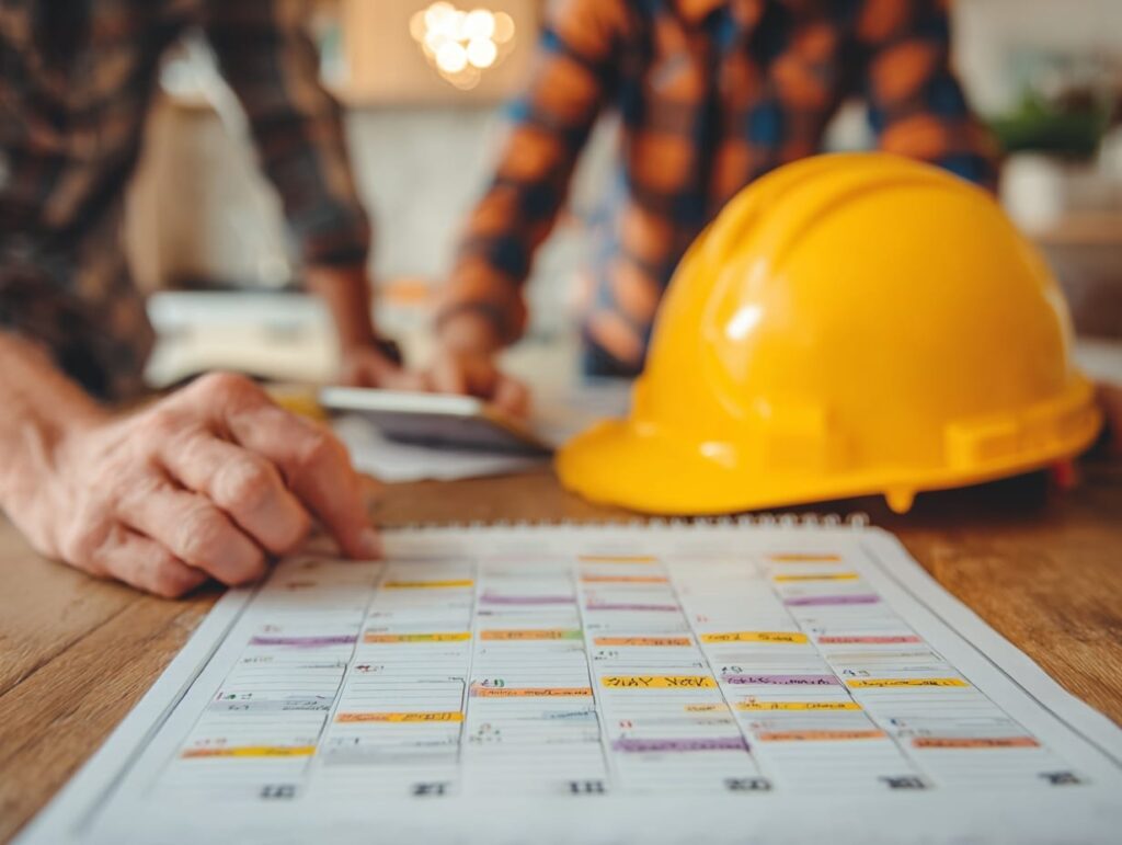 Homeowner and builder reviewing a decision calendar to prevent custom home delays