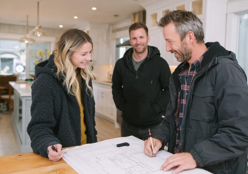 Custom home builder reviewing survey and drawings with homeowners in Greater Vancouve