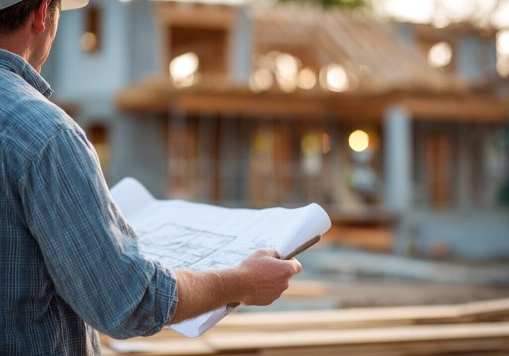 custom home builder looking at plans with a framed house in the background