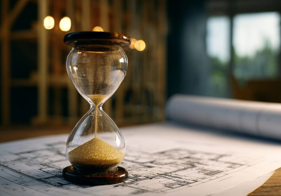 Hourglass sitting on top of a custom home building plan